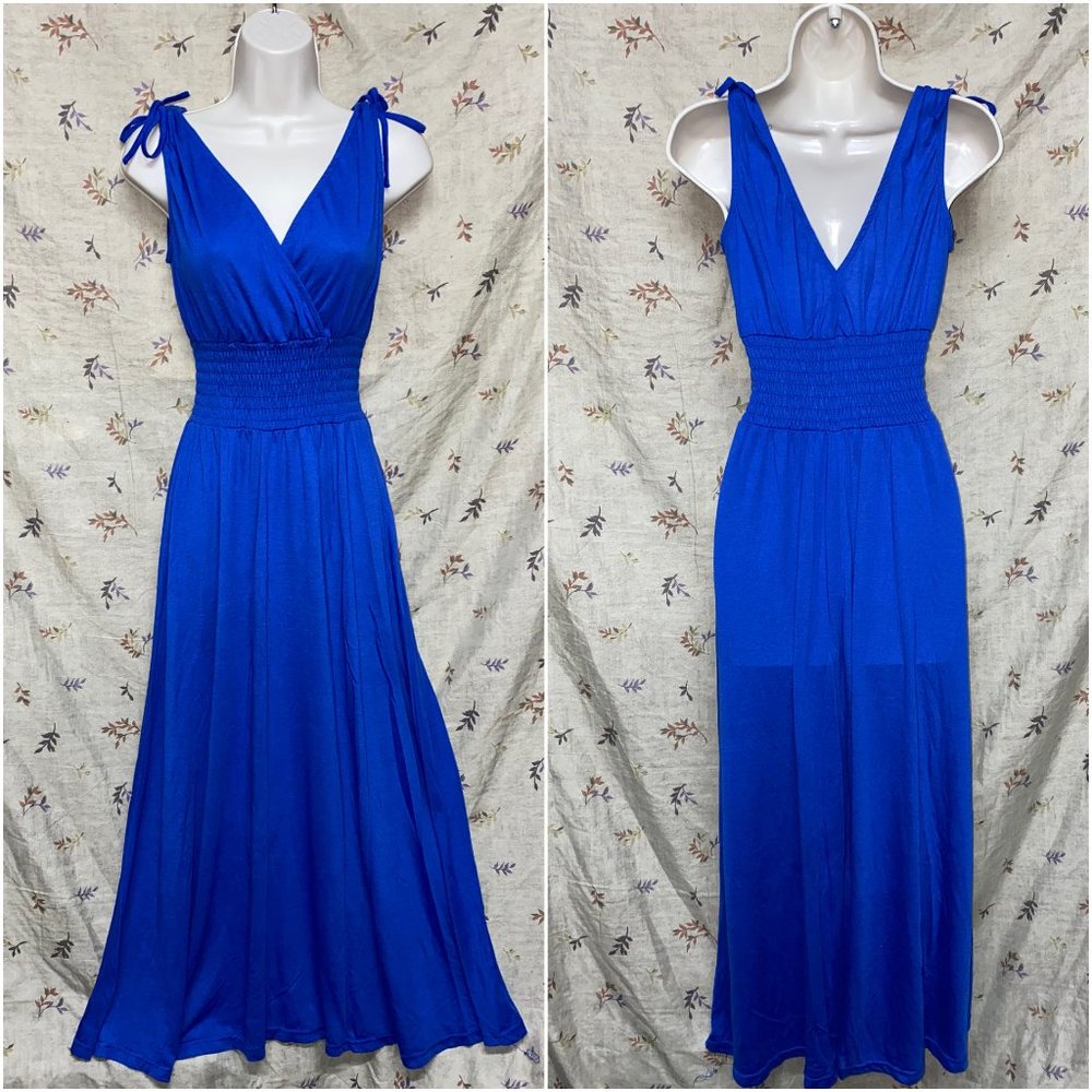 BLUE JUST LOVE V NECK MAXI DRESS